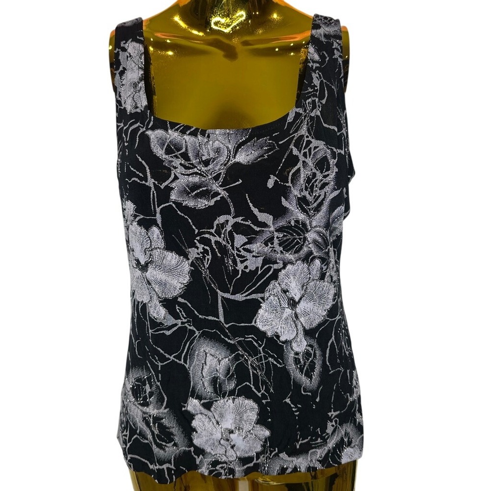 Goth Black Silver Metallic Floral Knit Tank Top Scoop Neck Shimmer Blouse LARGE